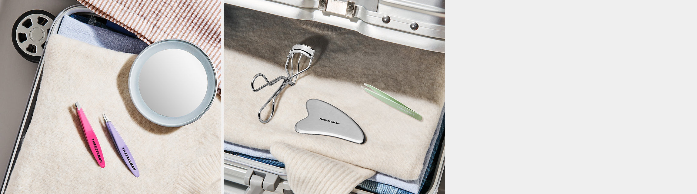 Set of makeup tools including mini oval slant tweezer in pink and purple, a mirror on a white surface, stainless steel eyelash curler, gua sha, and pistachio slant tweezer