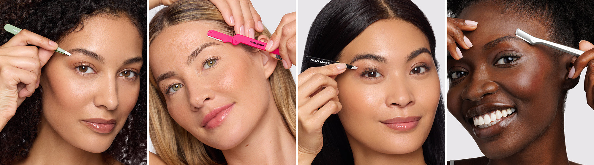 Four-panel close-up collage showing different women using eyebrow grooming tools, including a spoolie and an eyebrow razor, on their brows.