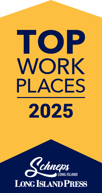 Promotional graphic for 'Top Workplaces 2025' by Schneps Long Island Press on a yellow and blue background.
