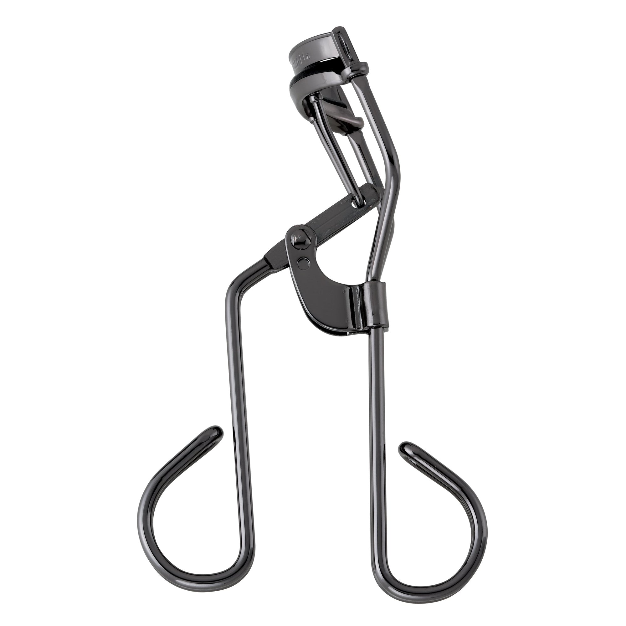 Side view of Pro Master Lash Curler, dark grey metallic finish with double body handle and 38 degree angled top bar
