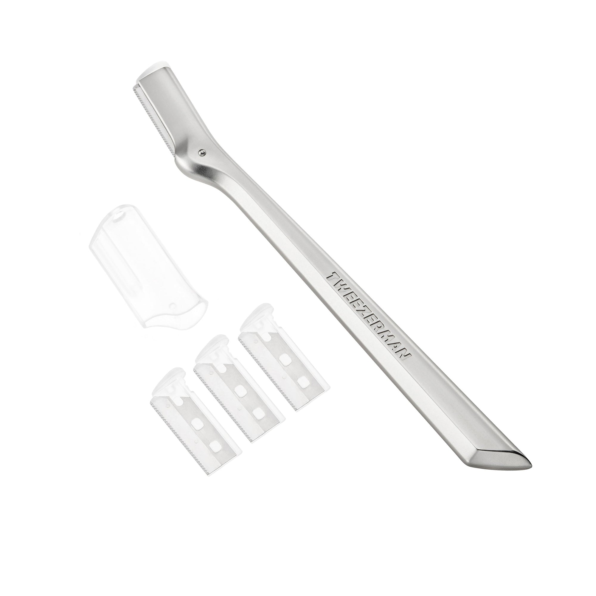 ["Rasoir à sourcils en acier inoxydable avec 3 lames de recharge et une protection en plastique", "Rasoir à sourcils en acier inoxydable"]