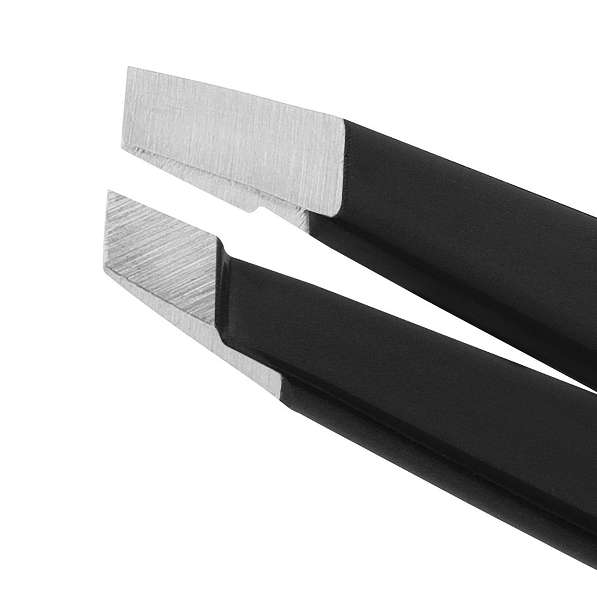 Close up view of Black Slant Tweezer on a white background