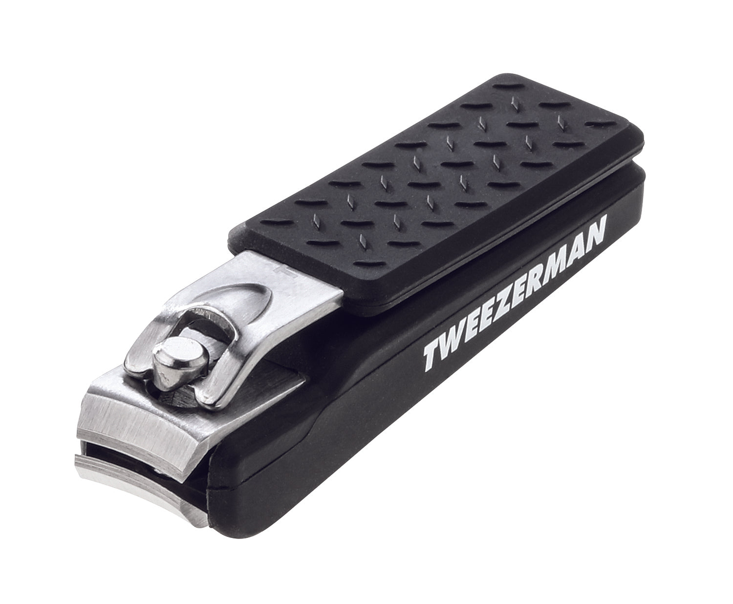 Coupe-ongles Precision Grip avec lames courbées et manche noir texturé. Le levier de la tondeuse est levé