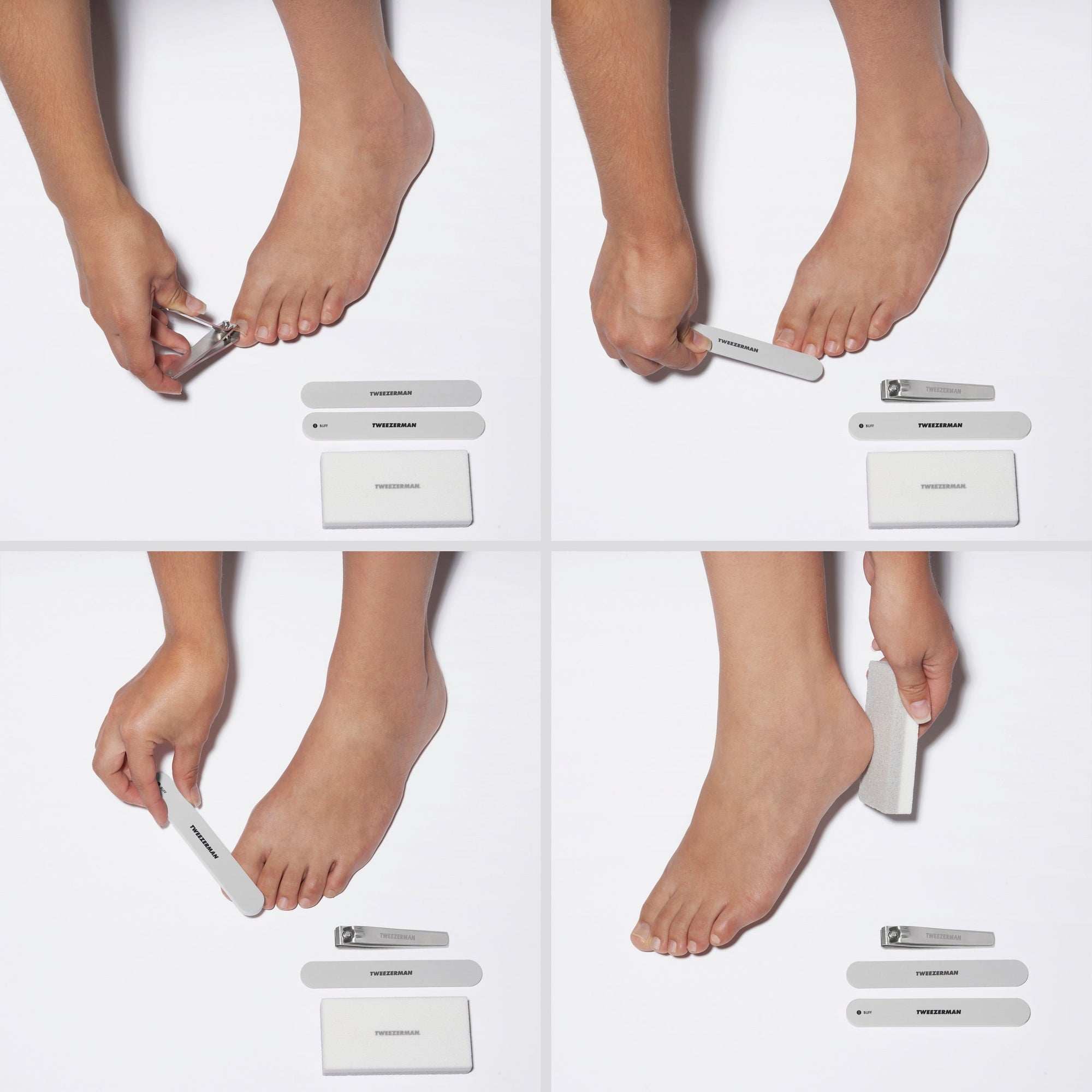 Modéliser avec un coupe-ongles avec lime à ongles, tampon à ongles et pierre pédicure sur le côté.
