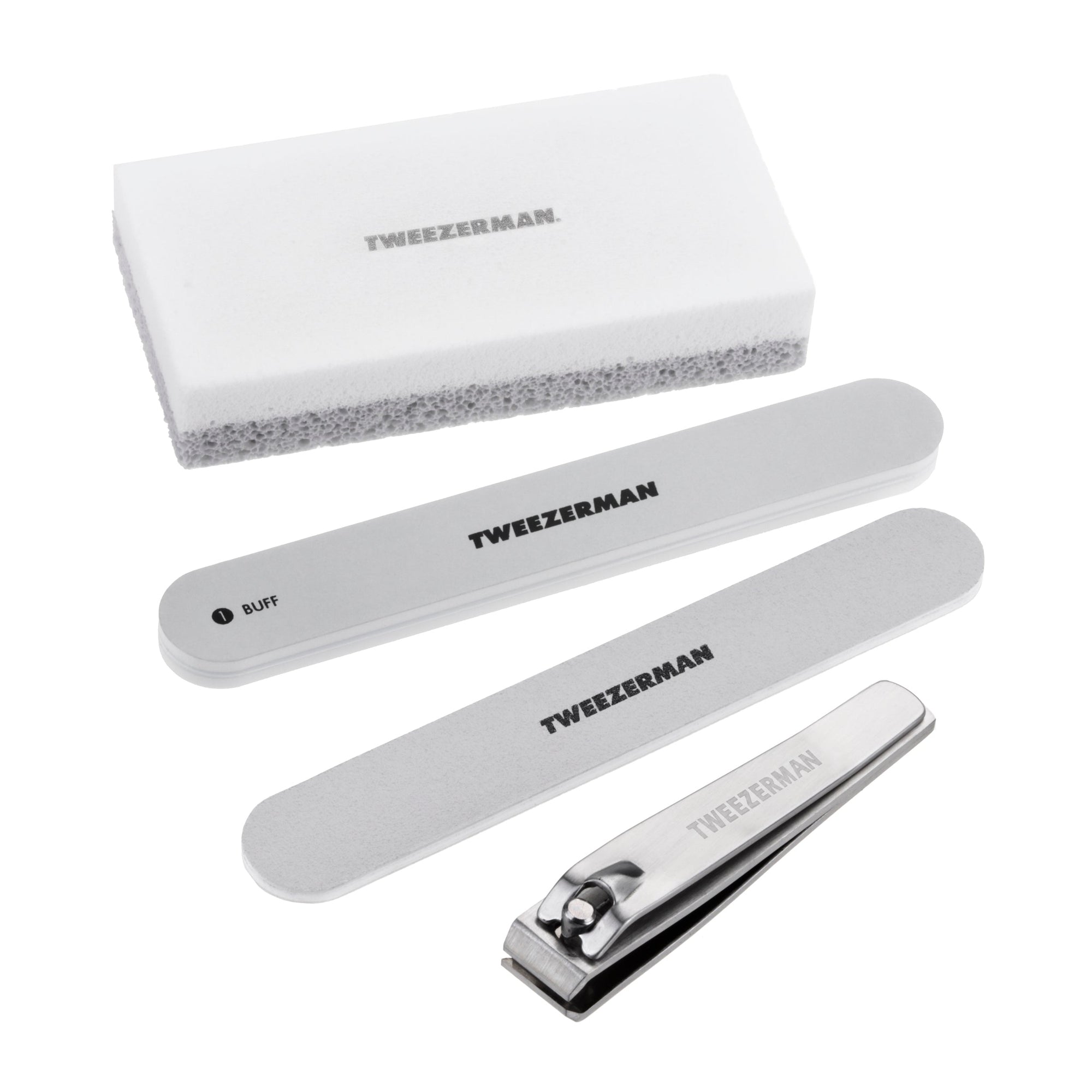 ["Modéliser en utilisant un tampon à ongles avec un coupe-ongles, une lime à ongles et une pierre pour pédicure sur le côté.", "Pierre pédicure double face, lime à ongles et tampon avec coupe-ongles en acier inoxydable"]
