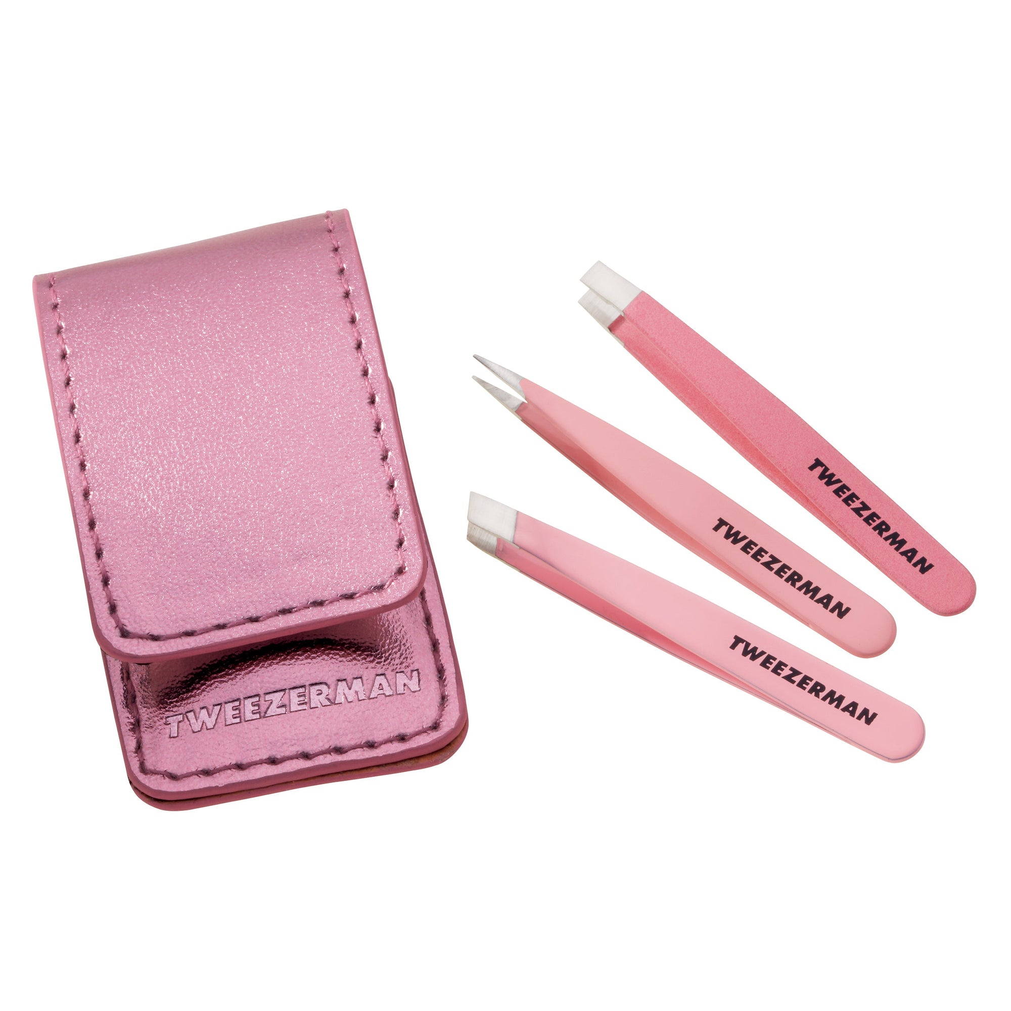["Modèle avec une pince micro mini inclinée rose", "Ensemble Micro Mini pince avec étui en cuir métallique rose. Comprend une mini mini inclinaison, une pince à pointe et une pince à pointe plate. Toutes les pinces à épiler ont une finition rose avec des embouts en acier inoxydable"]