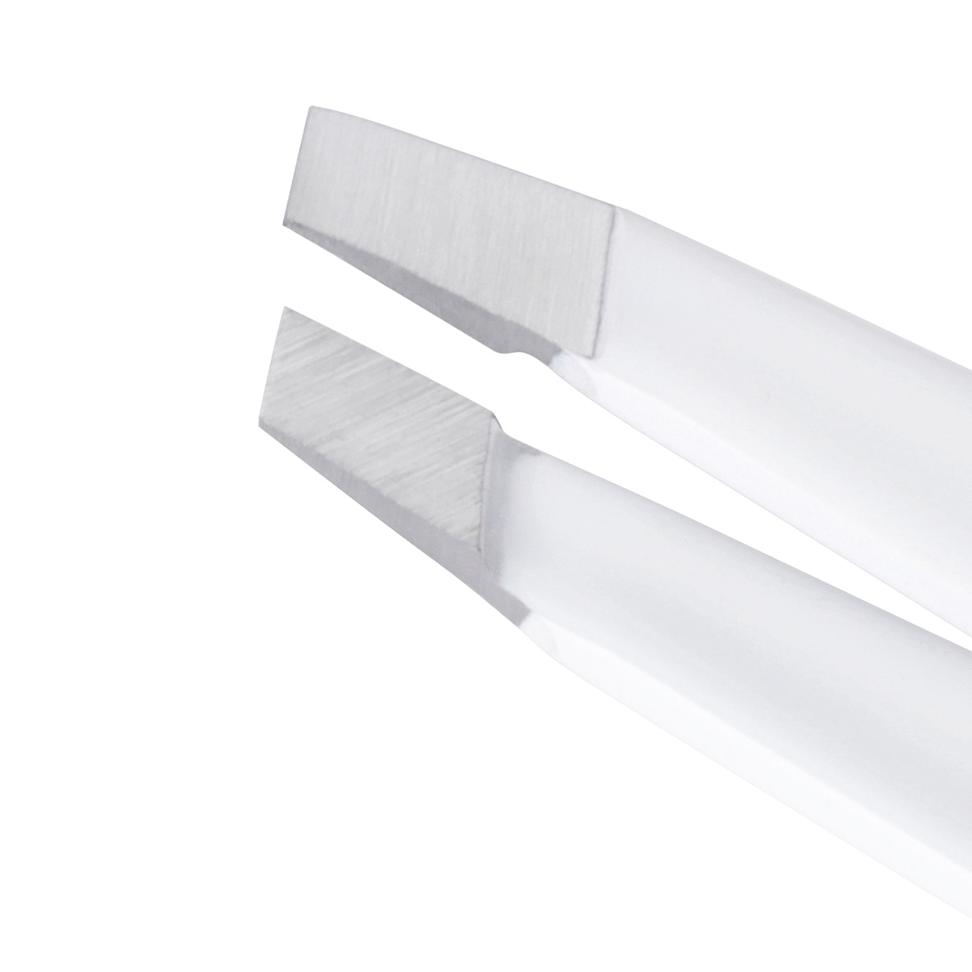 Close up view of Mini White Slant Tweezer on a white background