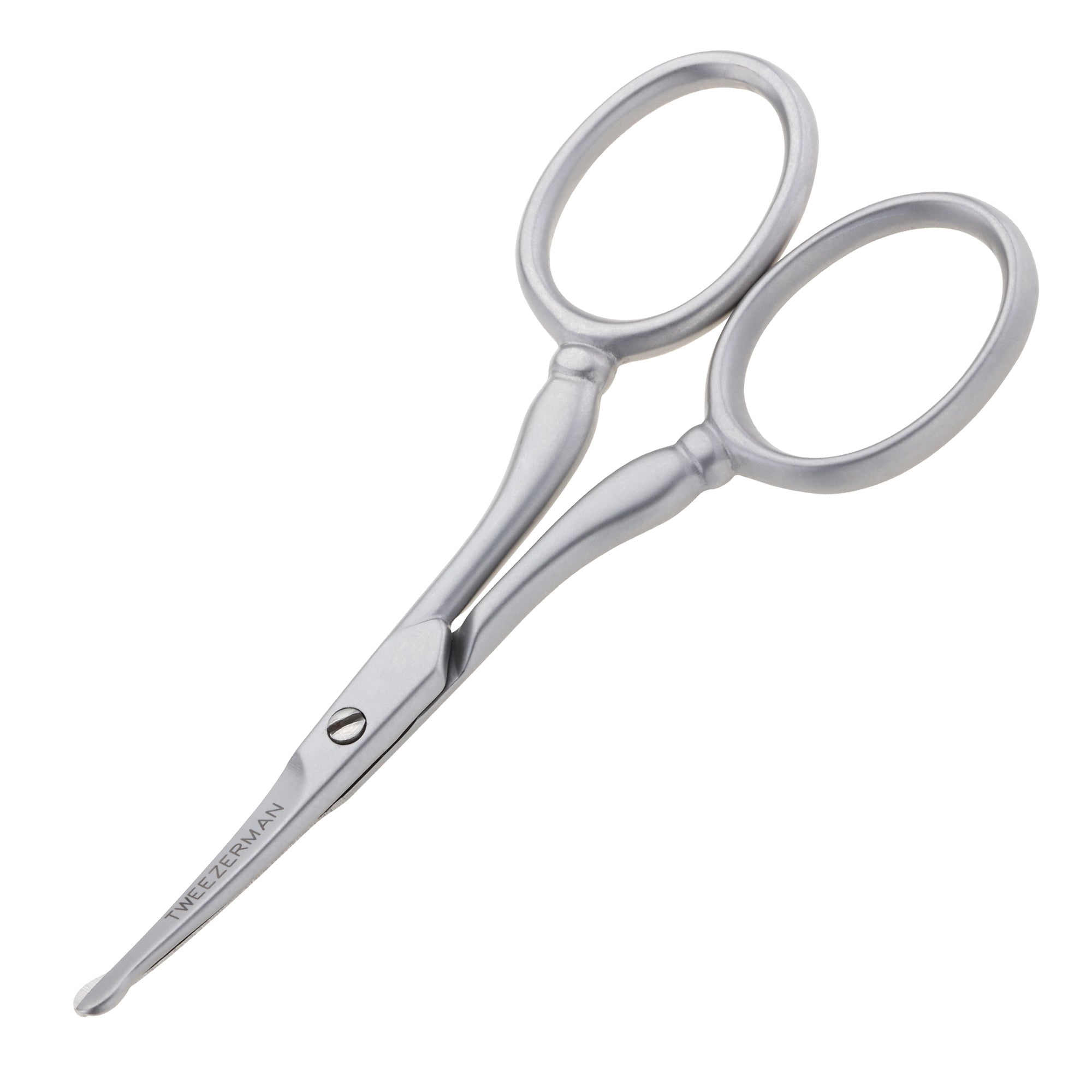 Ciseaux faciaux en acier inoxydable avec lame à pointe arrondie et poignées en boucle pour les doigts
Écrit sur l’outil en gris foncé Tweezerrman Italie en bœuf