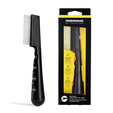 Peigne antipuce de précision à rangée simple pour animaux, présenté dans l’emballage et hors de l’emballage.