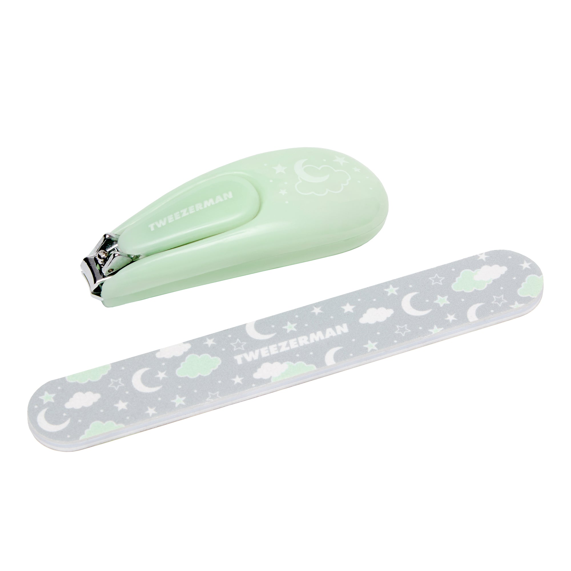 ["Modéliser avec un coupe-ongles vert pour bébé.", "Coupe-ongles vert avec lime"]