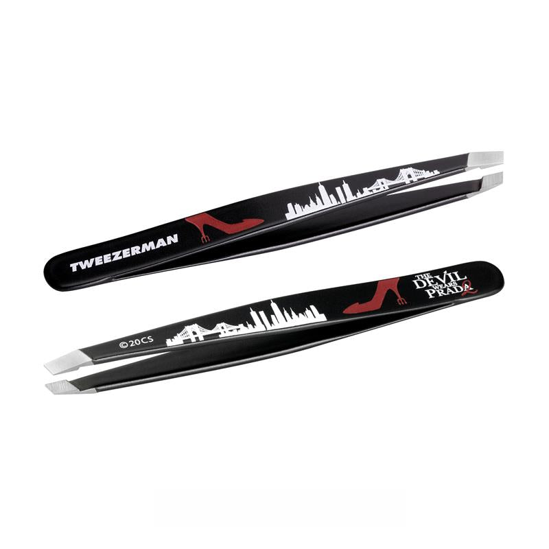 Black Slant Tweezer with the Devil Wears Prada 2 design and logo on it on a white background