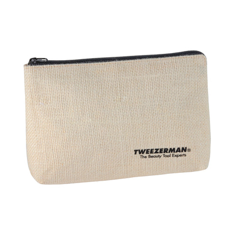 Beige pouch with black zipper and Tweezerman logo on a white background